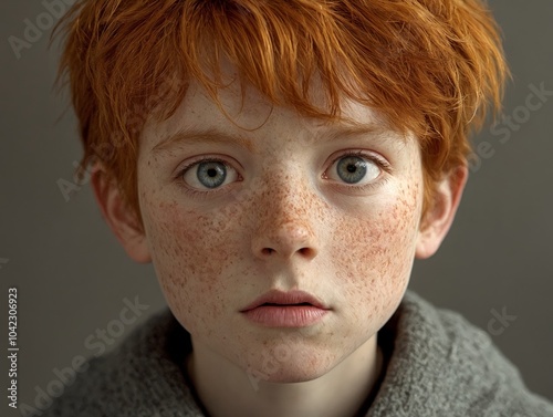 A young boy with red hair and freckles looking at the camera.