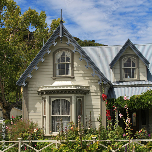 Small old timber cottage in Akaroa, New Zealand.