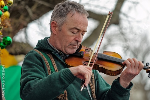 A middle-aged man playing an Irish fiddle on a decorated stage at a St Patrick's Day festival 1