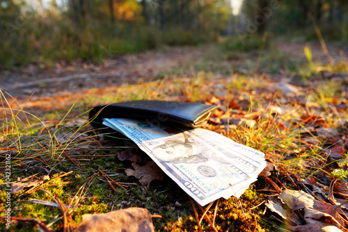 Lost wallet with money lies on ground ine grass. Wallet with money on grass in forest. Wallet with dollars found in the grass. Lost Leather Wallet with Money Drop. Dollar bills money in the grass.