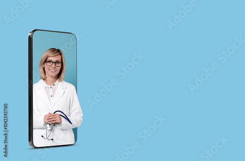 Online medical consultation. Doctor with stethoscope on smartphone screen against light blue background, space for text