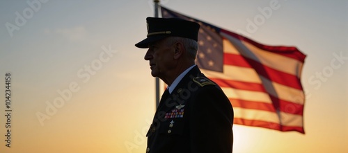 An old veteran silhouetted against the setting sun depicted on the U