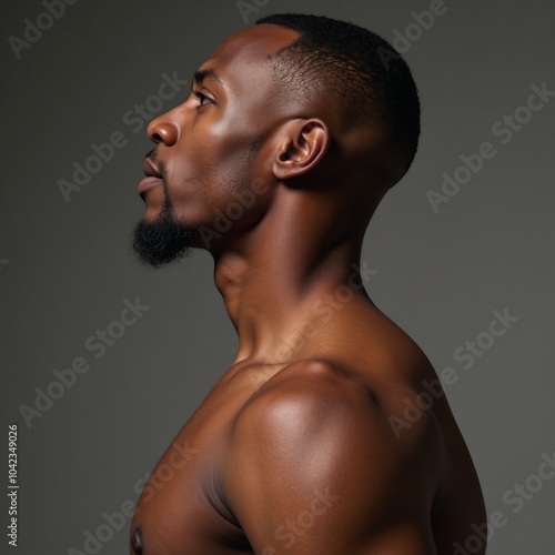 Detailed anatomical study depicts side-view profile of muscular African American man with accentuated veins