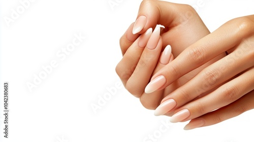 Close-up of woman's hands with long, almond-shaped nails with a white ombre manicure.