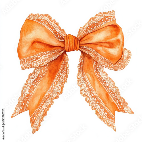 A stunning watercolor illustration of an orange lace bow, tied intricately with delicate detailing. The hand-drawn design is isolated on a white background, ideal for elegant and sophisticated