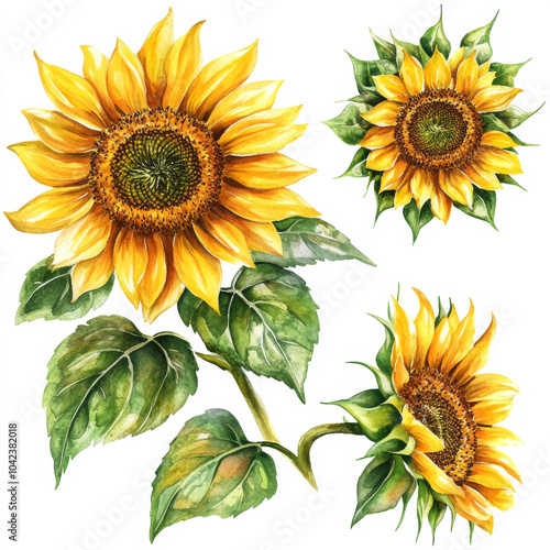 A beautiful sunflower set with large, golden blooms and vibrant green leaves. Hand-painted in watercolor, these bright flowers are isolated on a white background, perfect for nature-inspired floral