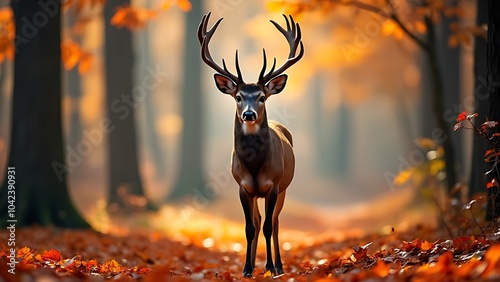 beautiful portrait of a reindeer amidst an idyllic autumn scene, its confident stride accentuated by fallen autumn leaves