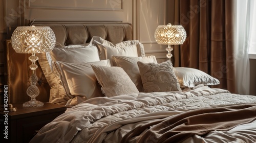 A set of elegant crystal table lamps casting a warm light on the luxurious satin bedspread and plush velvet pillows.