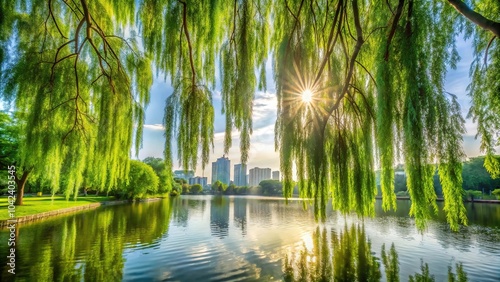 Refreshing morning in Bangokji with abundant willow tree leaves