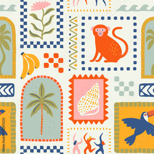 Retro hand drawn tropical summer seamless pattern. Traditional indian tapestry style background illustration. Vintage exotic nature textile print, jungle animal texture with monkey, flower, palm tree.