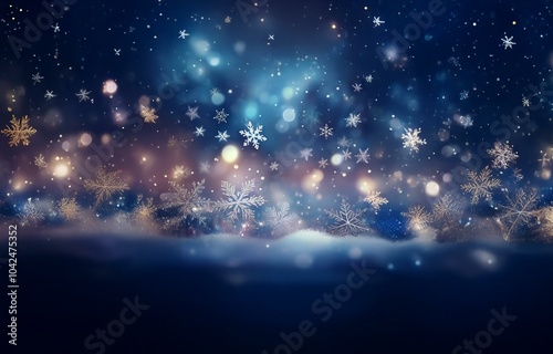 A blue and gold winter scene with snowflakes falling against a blurry background with glowing lights.