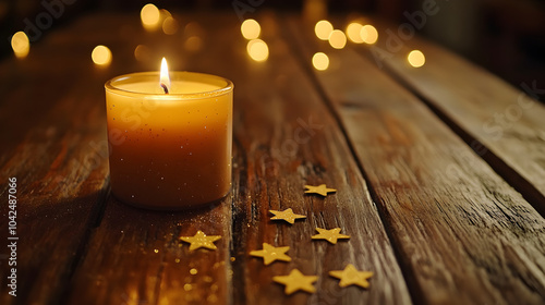 una mesa de madera con una vela encendida decorativa y aromatica con estrellas doradas y luces destellos de luces epoca navideña