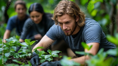 Diversos de apasionados voluntarios siembran en el campo plantas para replantar los bosques