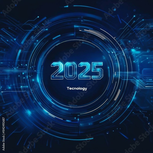 Interfaz de cartel digital, año 2025 tecnológico, amigable y futurista diseño que representa el desarrollo tecnológico.