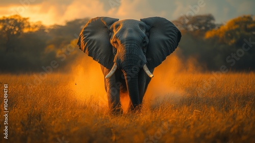 Gran elefante, africano corriendo hacia Fotógrafo. Concepto de fotografía salvaje y concursos fotográficos de África.