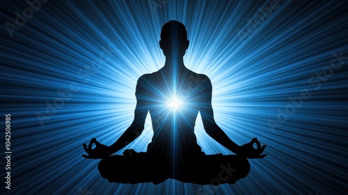 A person is meditating in a blue and white background