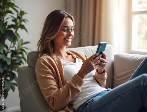 woman using a phone, Happy woman using smart phone while relaxing on sofa. Generated AI