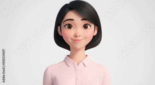 Retrato de close-up de personagem 3D de uma mulher asiática calma em uma blusa rosa claro, com um sorriso suave e rosto relaxado, em um fundo branco, estilo desenho animado, no estilo de design 3D