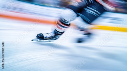 A blurry image of a hockey player's skate as they speed across the ice.