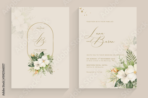 Aesthetic Wedding Invitation Template with Tropical Flower Bouquet Watercolor