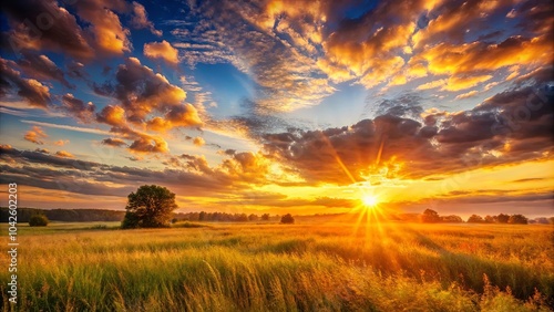 Golden Rays Illuminate a Serene Field with a Lone Tree Silhouetted Against the Setting Sun, Painting the Sky with Vivid Hues of Orange and Purple