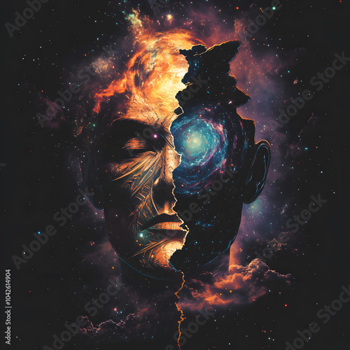 A surreal cosmic mask of a god split in two, revealing a swirling galaxy inside. The mask represents the duality of creation and destruction