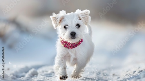 A tiny white puppy scuttling in the cold while sporting a vibrant collar