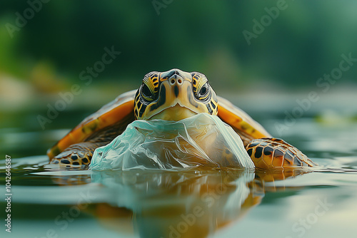 Turtle Biting a Plastic Bag in the Lake and it’s biting into the bag, not realizing it’s not food