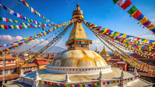 Boudhanath Stupa in Kathmandu with colorful Buddhist prayer flags fluttering in the wind, Boudhanath Stupa, Kathmandu