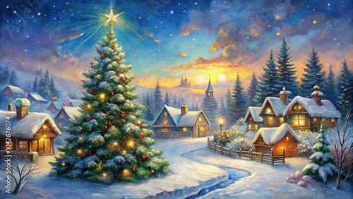 Festive impressionist painting of a winter wonderland with a Christmas tree, snowy landscape, and village