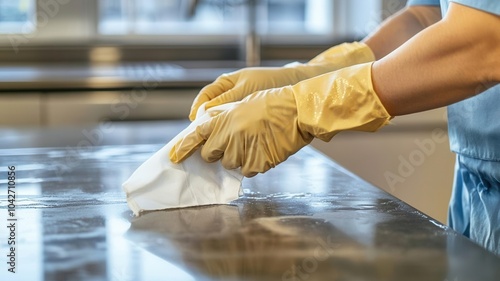 Hands wearing gloves wiping down kitchen countertops with antibacterial wipes, clean surfaces, home kitchen