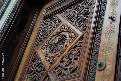 Intricately designed mosque doorway with elaborate carvings and geometric patterns, showcasing fine craftsmanship