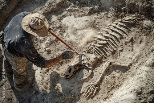 An archaeological dig site where a paleontologist brushes away dust to reveal dinosaur bones embedded in the ground. The scene emphasizes discovery, science, and uncovering the past