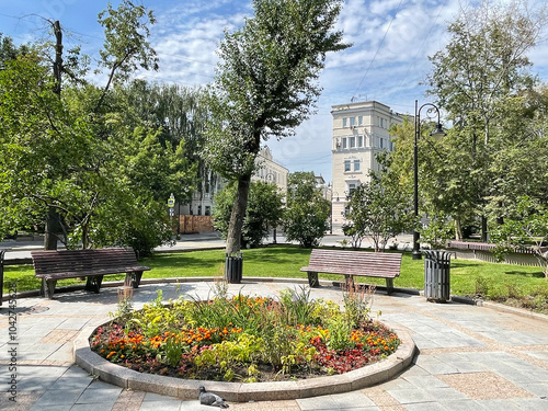 Small square on Spiridonovka Street in Moscow in summer