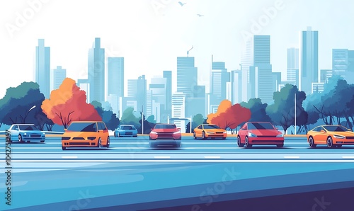 An illustration - View on busy street in megapolis with cars waiting in queue traffic jam. 