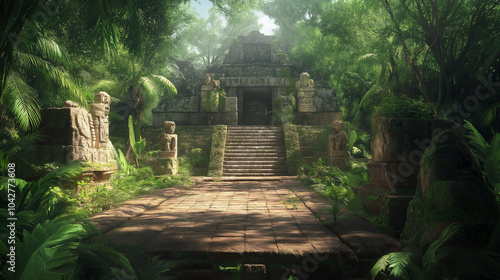 A beautifully preserved ancient Mayan ball court, surrounded by lush jungle vegetation and detailed stone carvings. v2