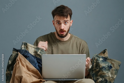 Confused man in casual and military clothes with laptop.