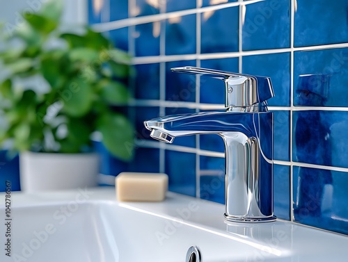 Sleek Bathroom Faucet with Blue Tile and Decorative Plant Setting