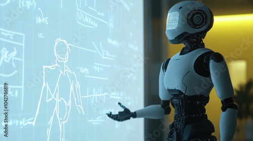 Digital-age robot with schema in futuristic tableau