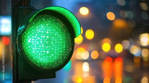 Green Traffic Light with Raindrops in Urban Setting