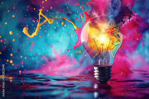 A vibrant depiction of a light bulb against a backdrop of colorful, explosive paints reflecting creative energy and inspiration