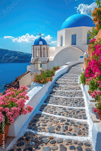 Traditional greek alley leading to white church with blue dome in oia village, santorini island, greece