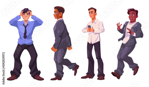 Four male characters in various emotional poses. Cartoon vector illustration set of diverse man stressed, walking confidently in suit, checking his phone, surprised or shocked in untidy clothes.