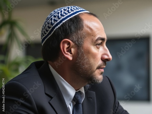 Profile view of a man in a business suit wearing a blue and white crocheted kippah, representing traditional Jewish attire and modern professional lifestyle