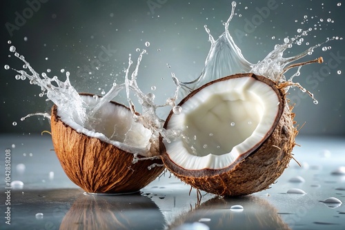 Coconut broken open with splashing water and juice