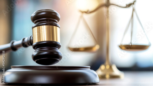 A judge's gavel resting on a wooden desk with a balanced scale in a court setting