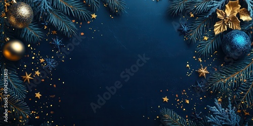 Christmas and New Year banner with blue baubles, golden stars, and frosted pine branches on a dark background. Holiday web design, social media, seasonal invitations, copy space, greeting cards