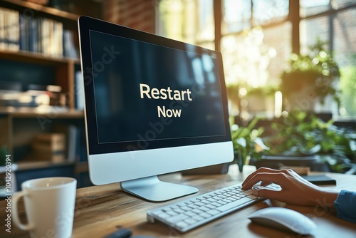 Woman restarting computer at desk in home office