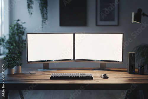 Two computers with white screen on home office desk suitable for mockups and presentations with plenty of copy space for your designs