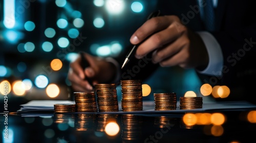 Close-up of hands counting coins with a blurred background.